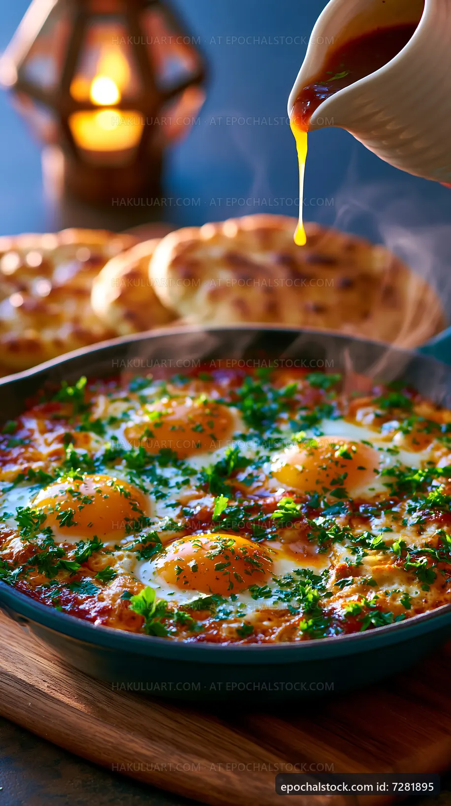 Eggs cooked with herbs and served with bread in a cozy setting