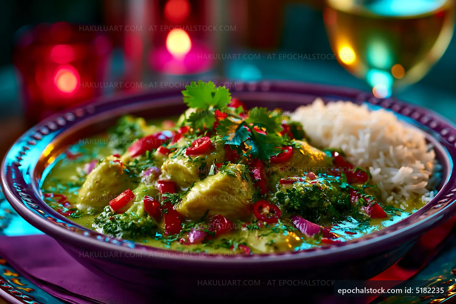 Chicken curry served with rice in a colorful setting