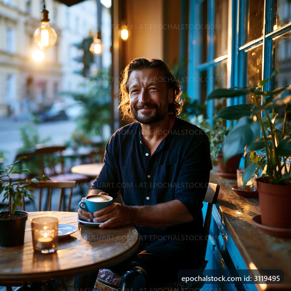 Man relaxing with coffee in a cafe by the window during sunset
