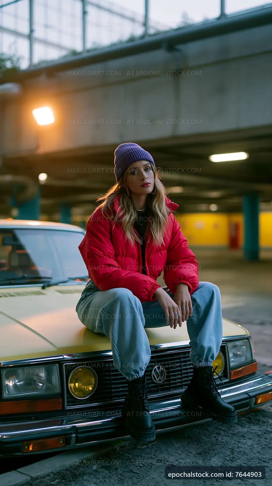 Woman sits on yellow car in parking garage at night