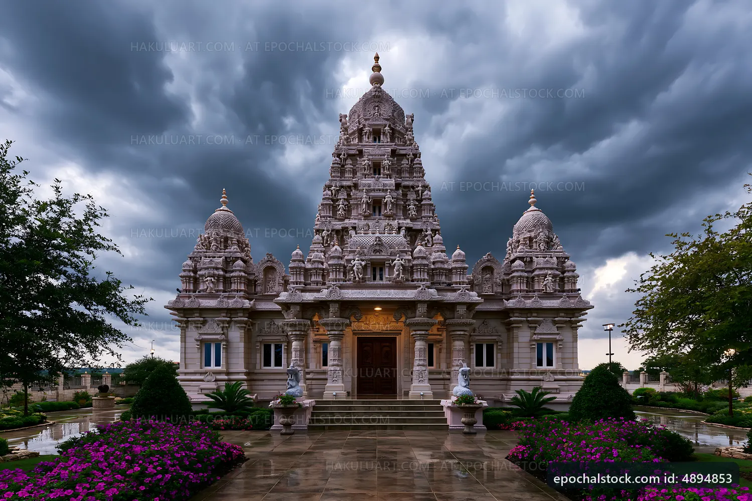 Hindu temple with ornate architecture under dramatic skies