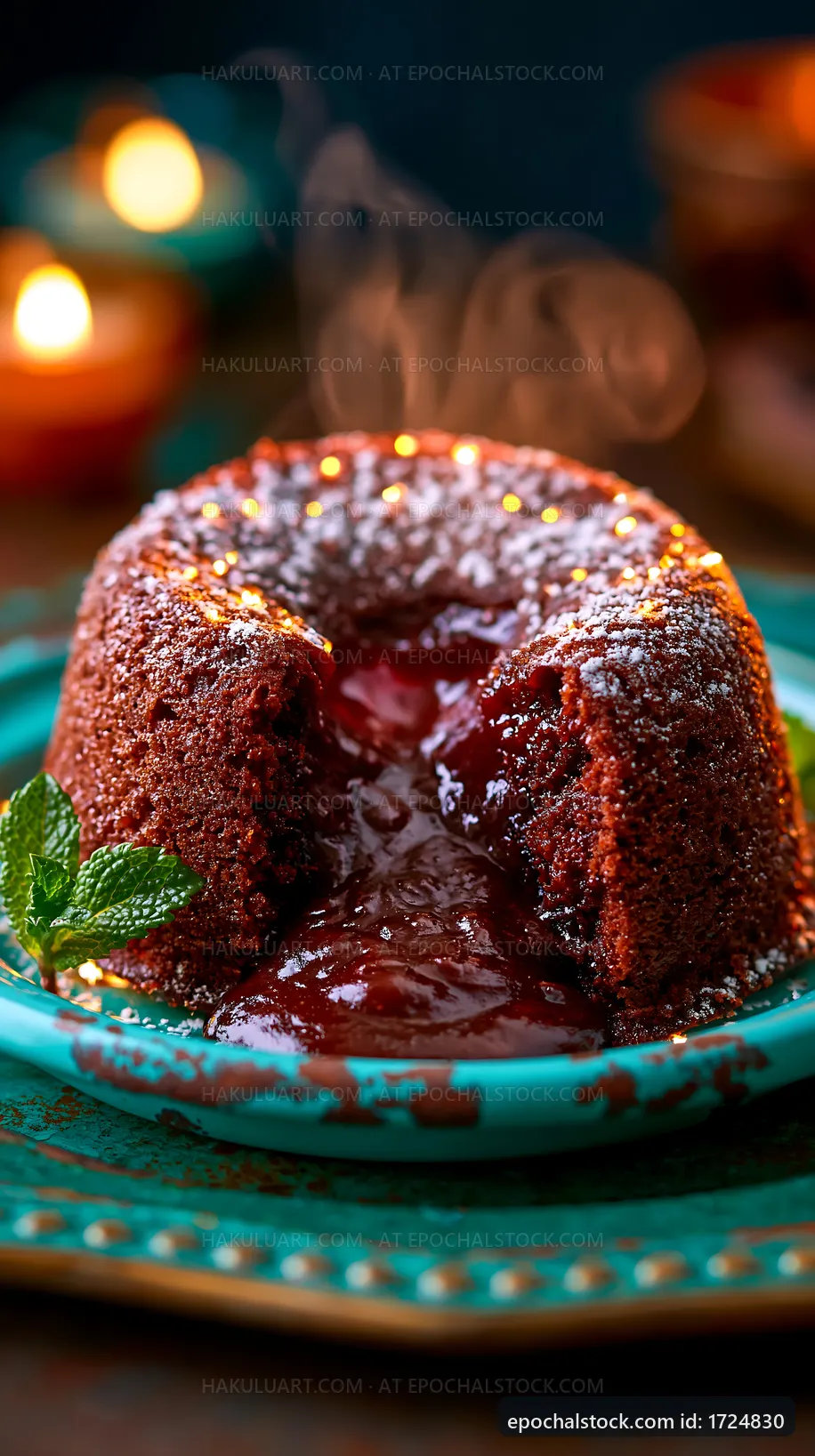 Molten chocolate cake served with mint garnish