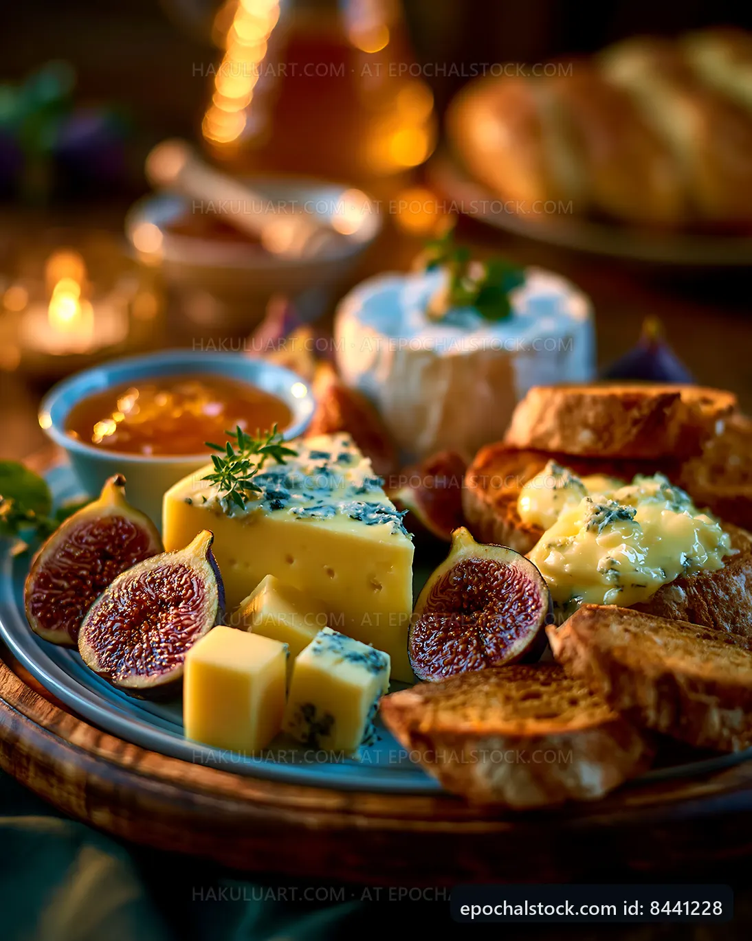 Cheese platter with figs, bread, and jam on a wooden table