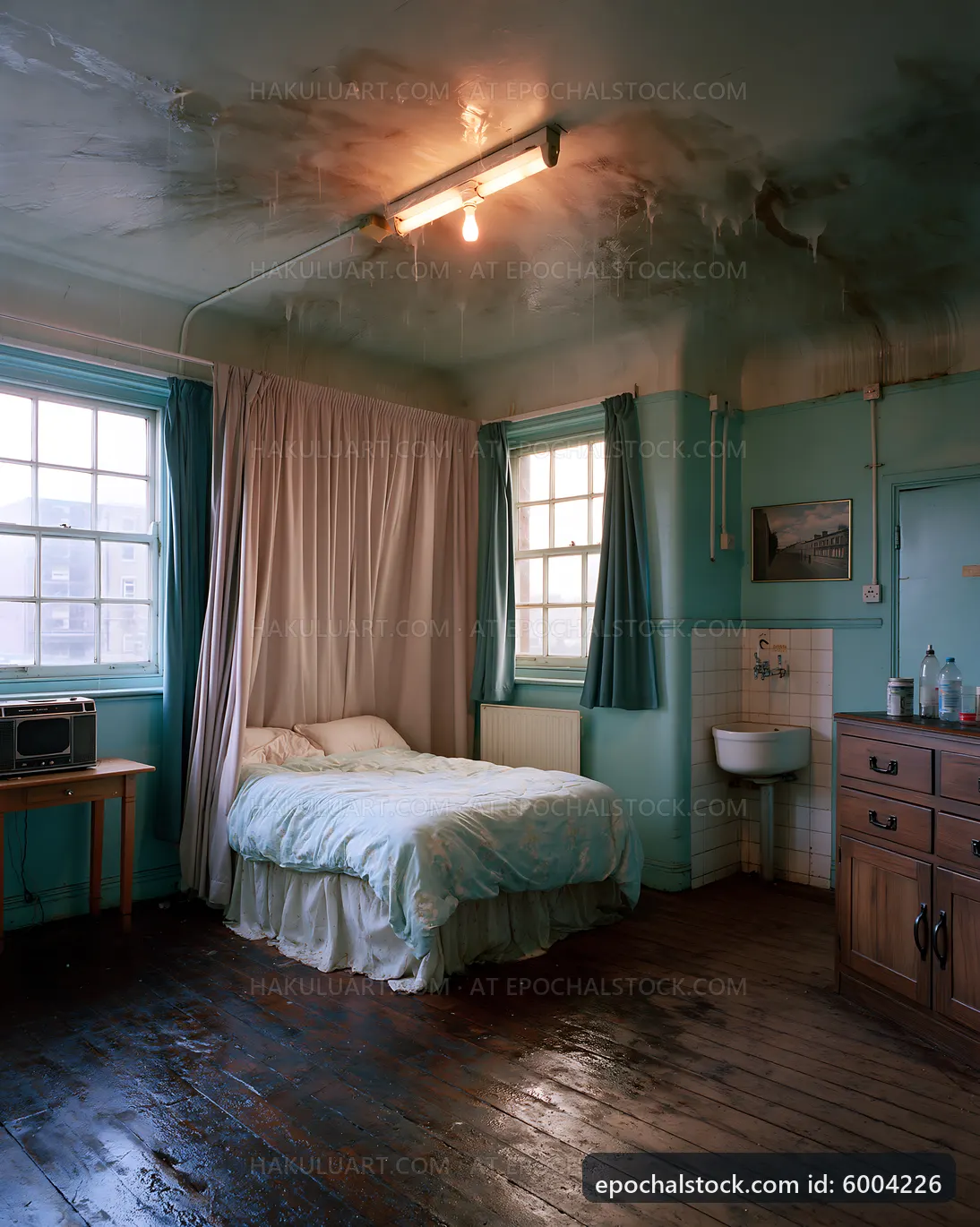 Old bedroom in a run-down apartment with wet ceiling