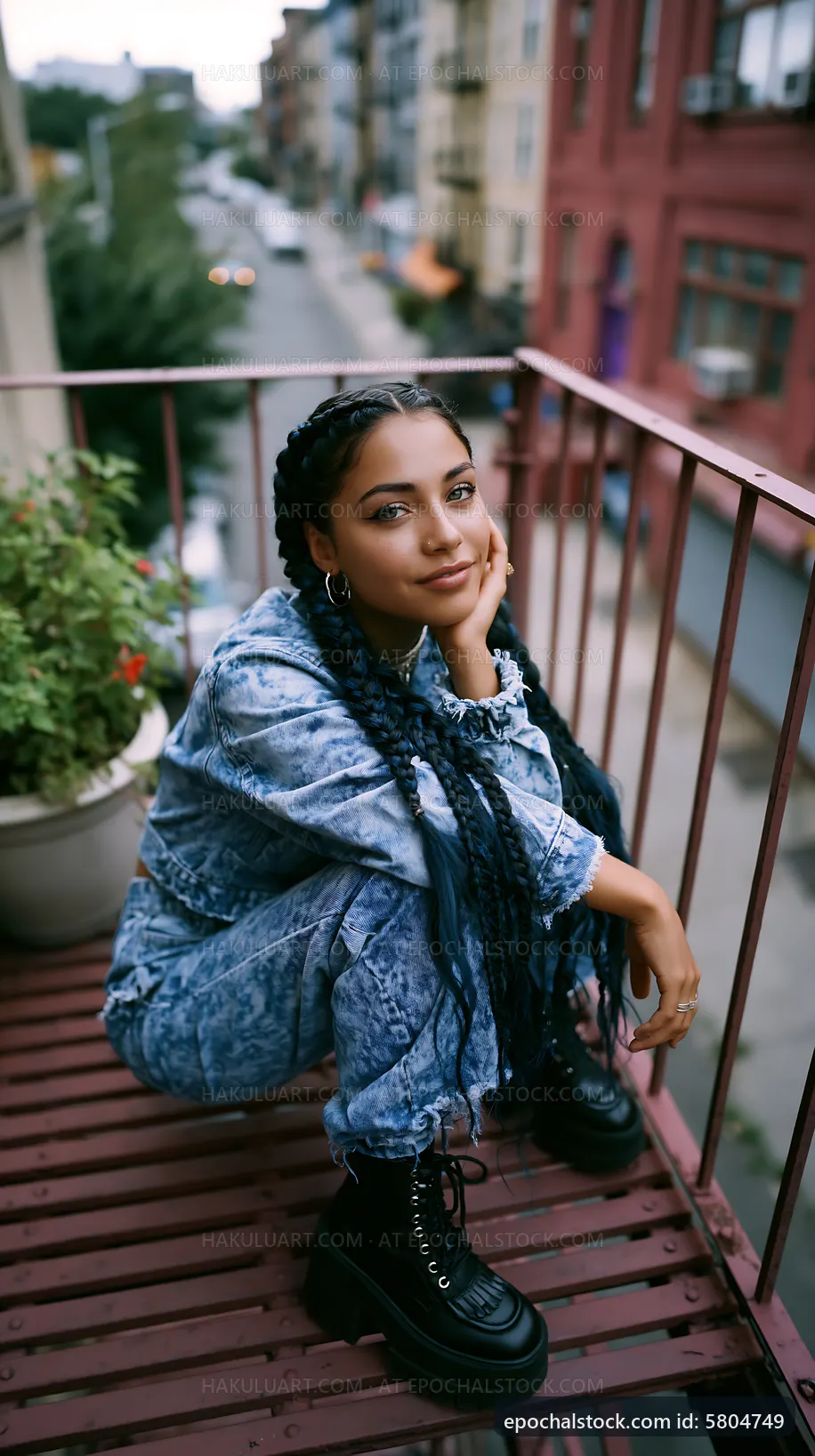 Young woman sitting on balcony with plants in urban setting