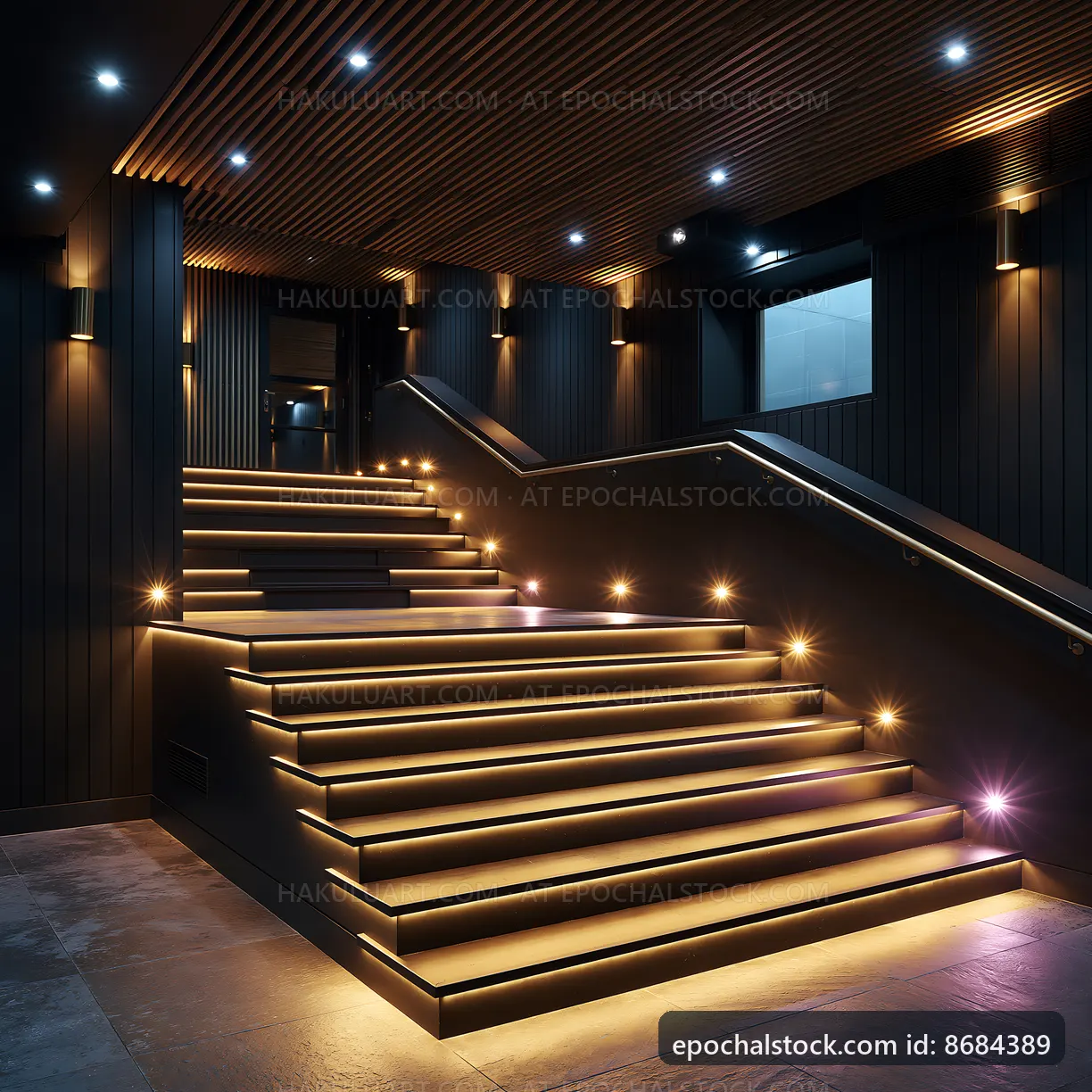 Modern illuminated staircase in a dark hallway