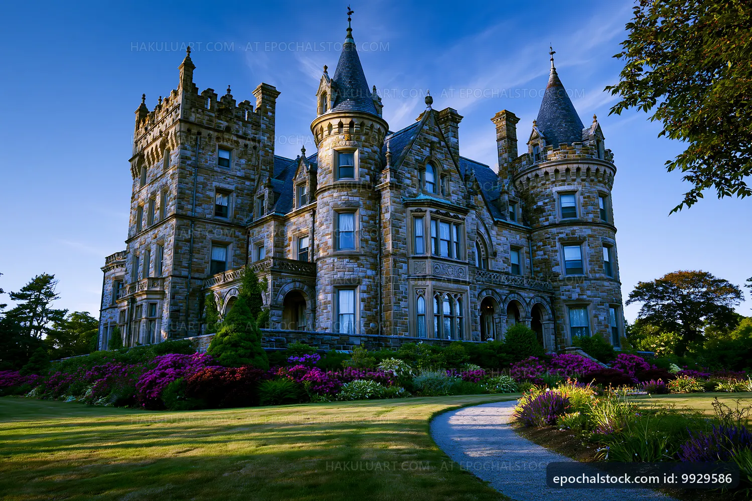 Grand stone castle with manicured gardens in daylight