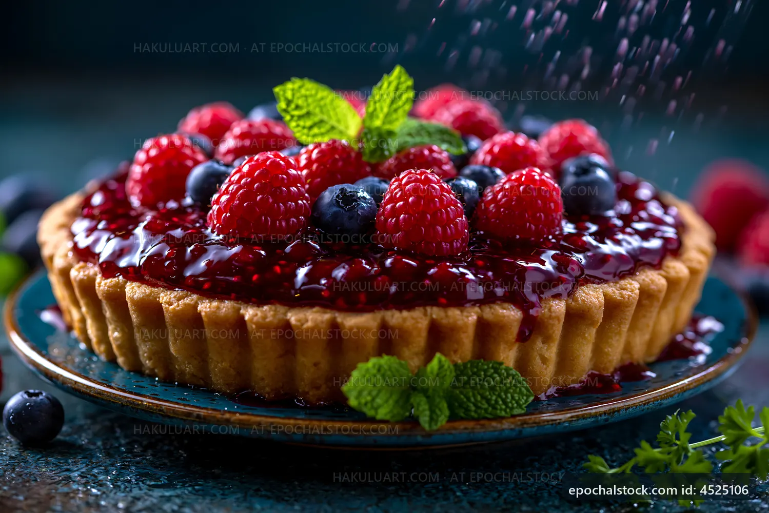 Berry tart with raspberry and blueberry topping on a blue plate