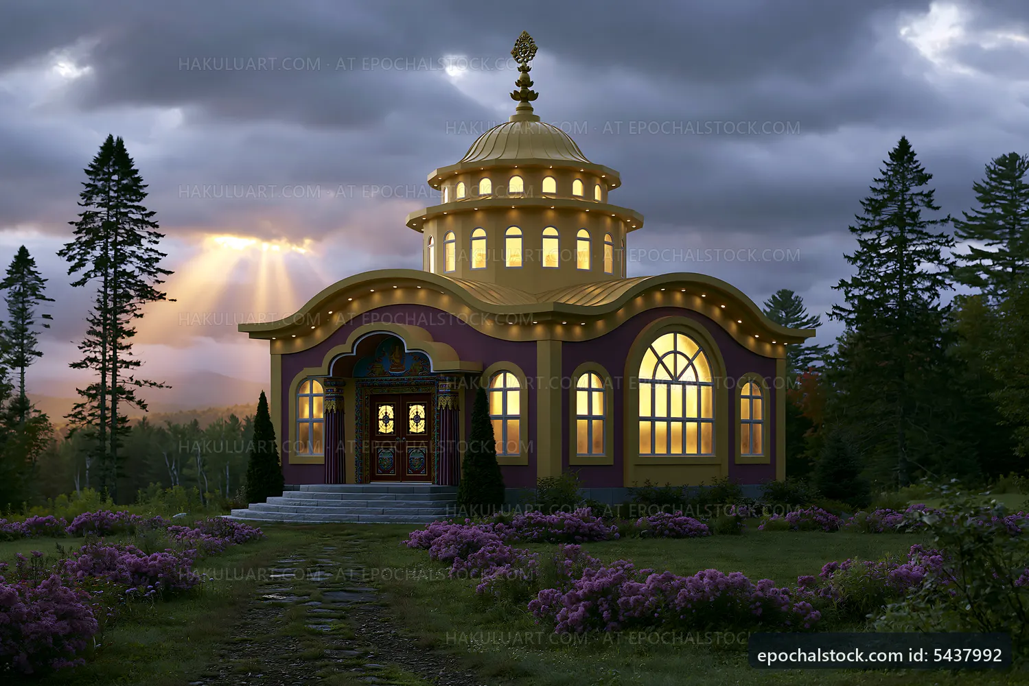 Golden-domed building surrounded by trees and flowers at dusk