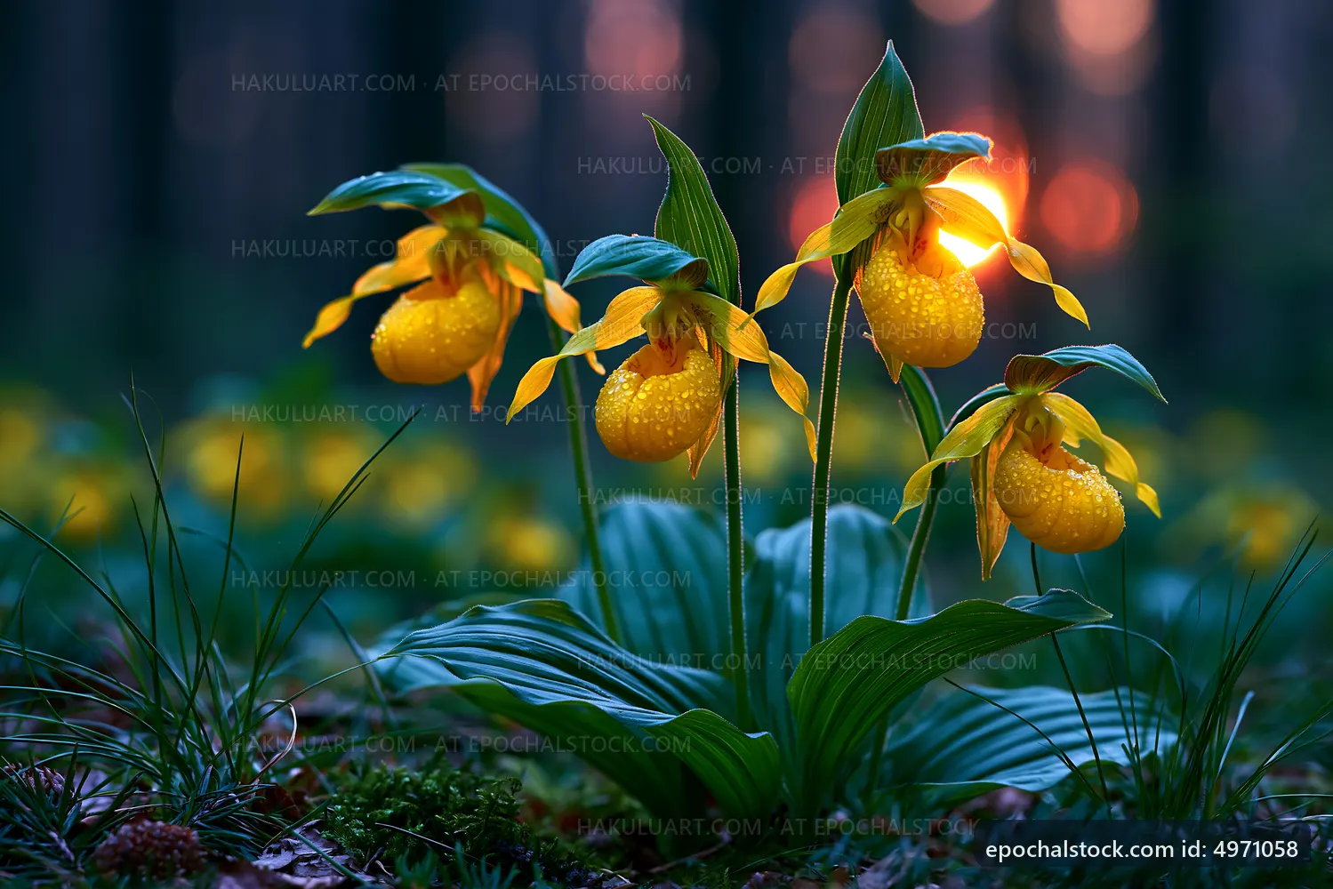 Yellow orchids bloom in forest during sunset