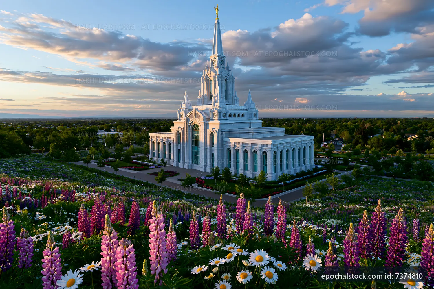 White temple surrounded by colorful flowers at sunset
