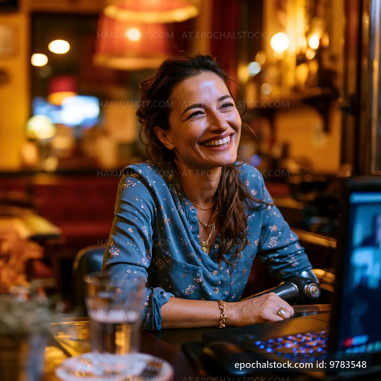 Woman smiling at a cafe while sitting at a table