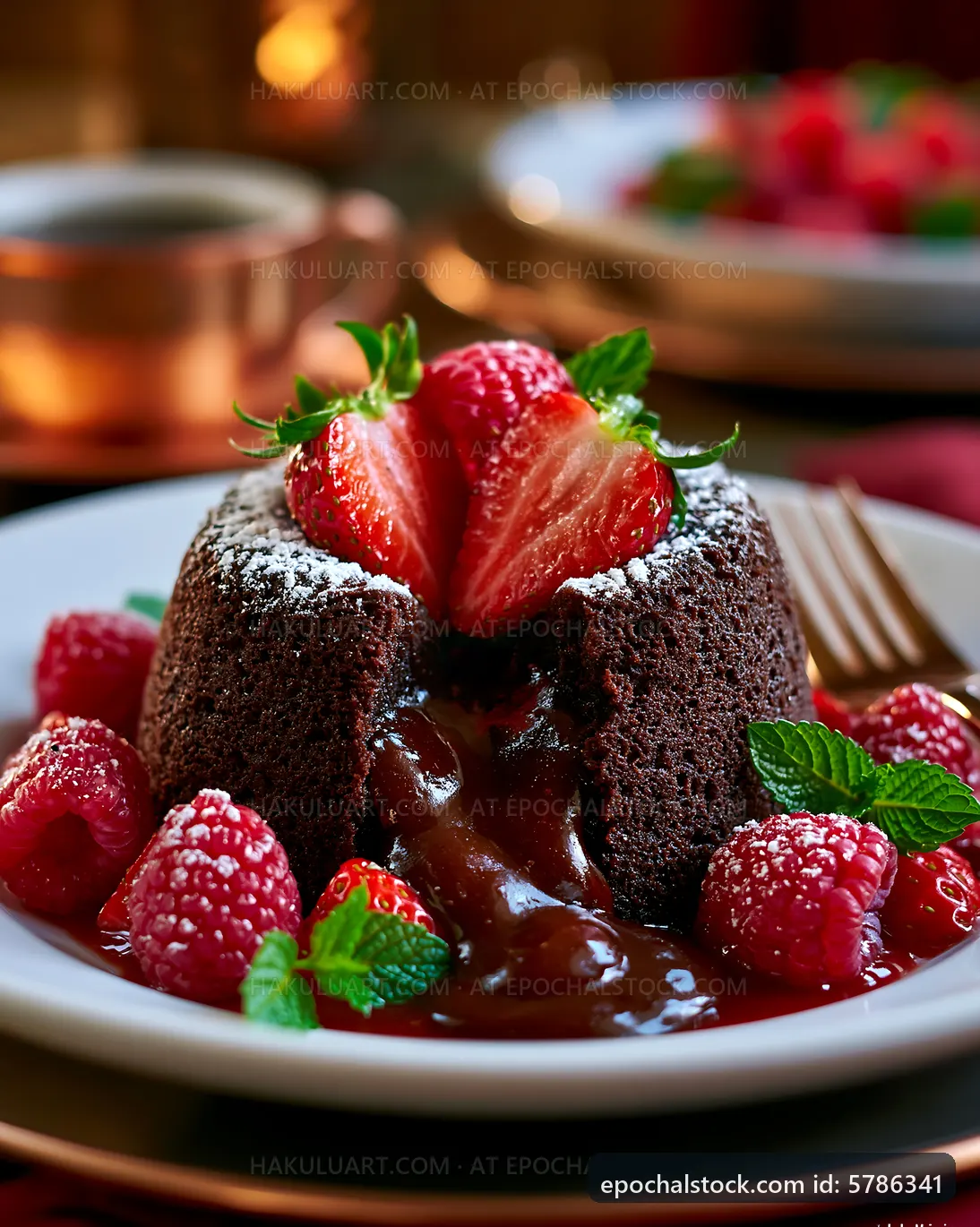 Chocolate lava cake with fresh fruits on a dessert plate