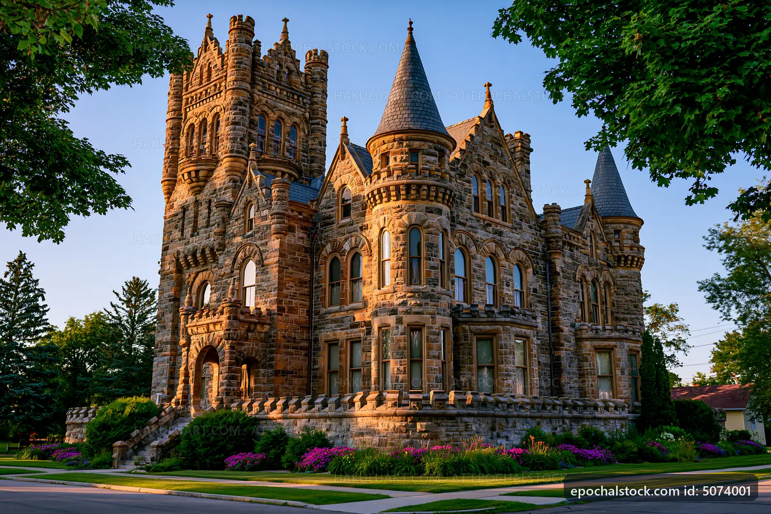Historic stone castle on a sunny day surrounded by greenery