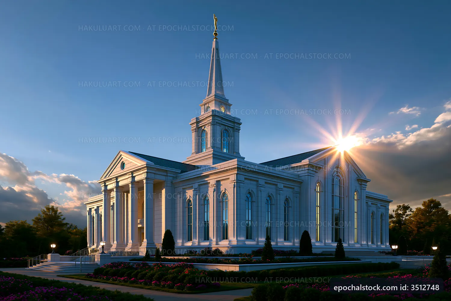 Beautiful church building at sunset with clear sky and sunlight