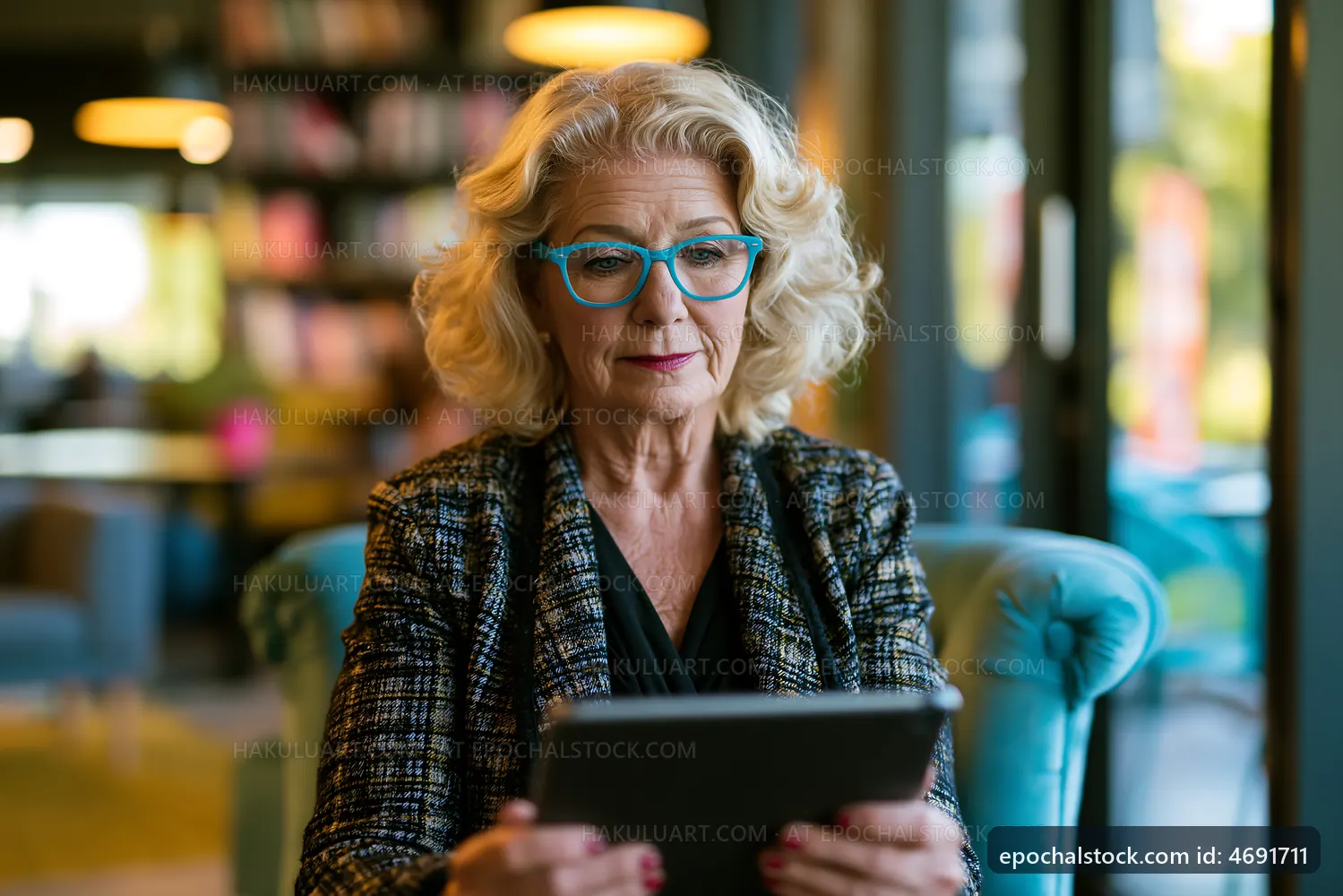 Senior woman using tablet in cozy cafe setting