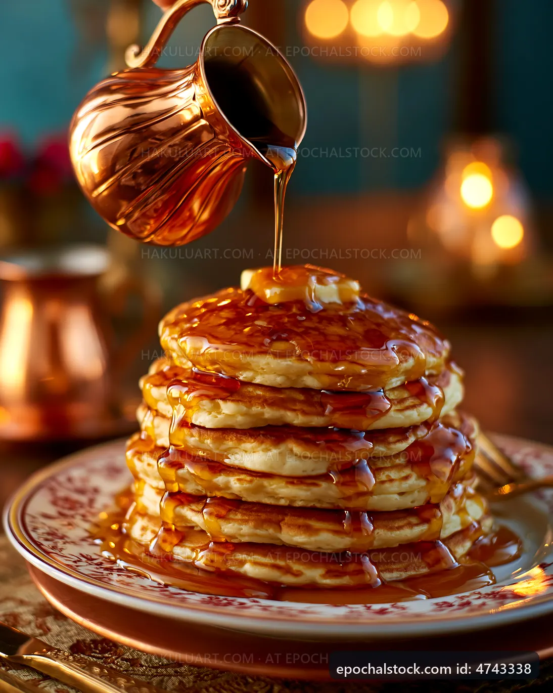 Stack of pancakes with syrup on a decorative plate