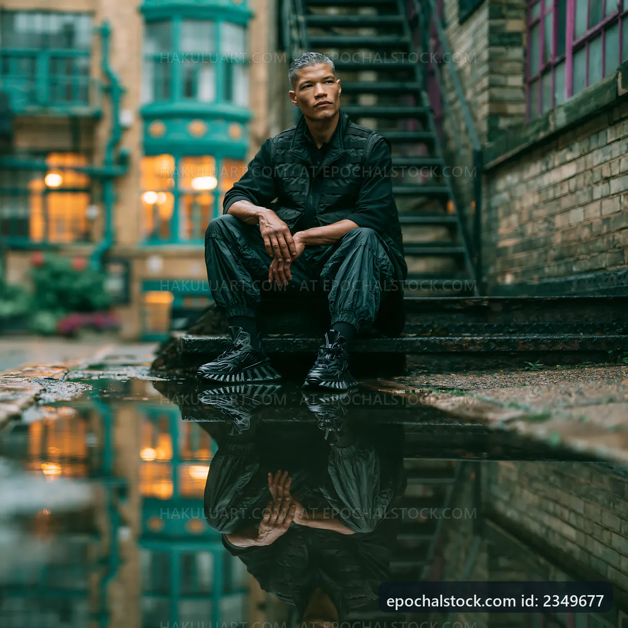 Man sitting by a puddle in an urban setting during evening