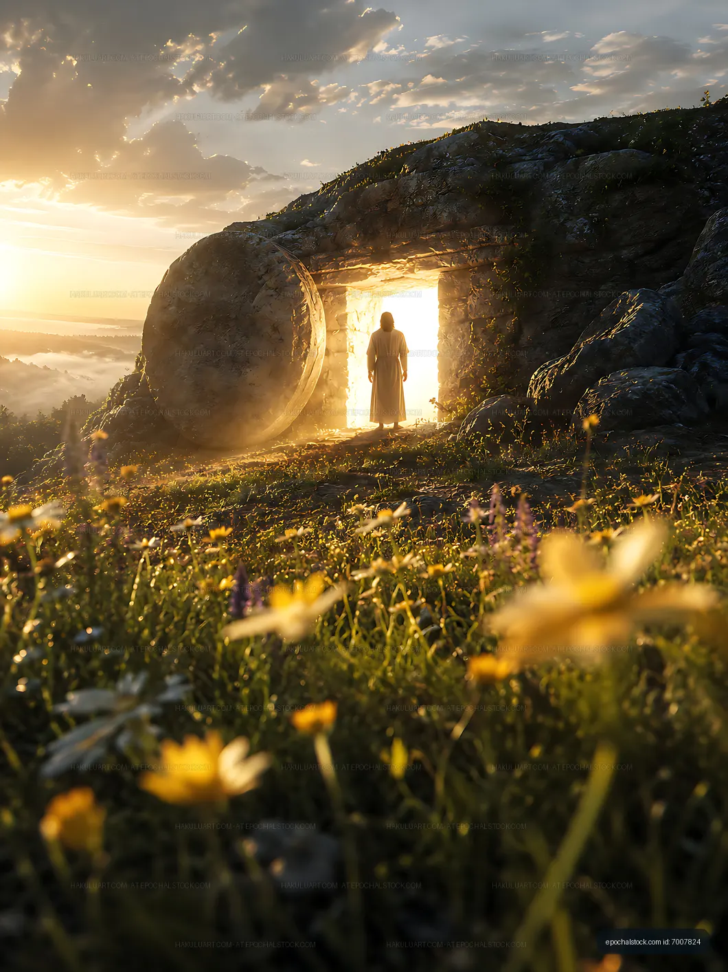 Person standing at the entrance of a stone tomb at sunrise