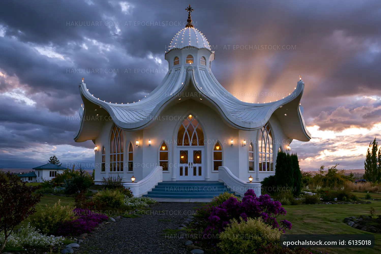 White chapel under cloudy sky at sunset