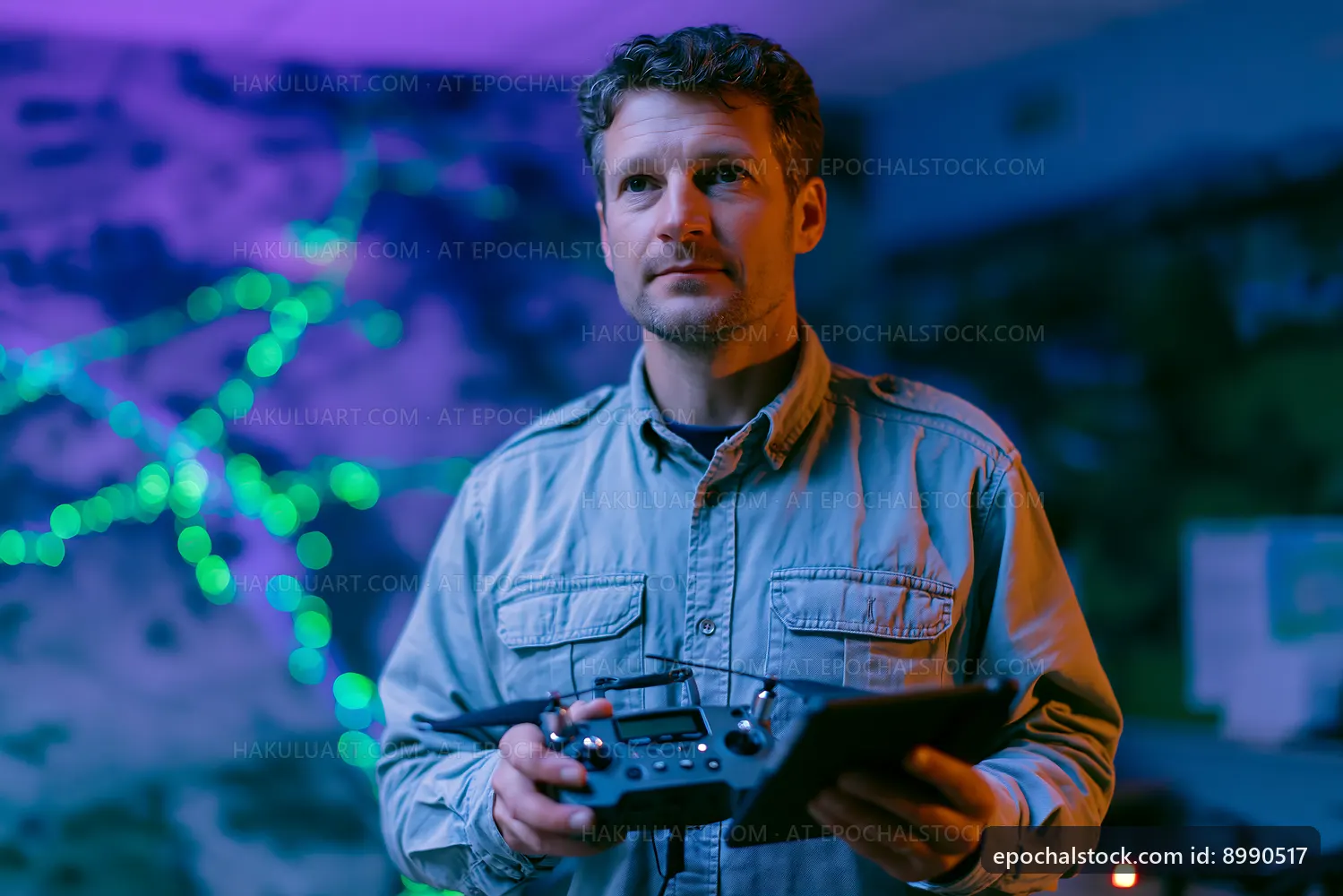 Man controls drone in dark room with colorful lighting