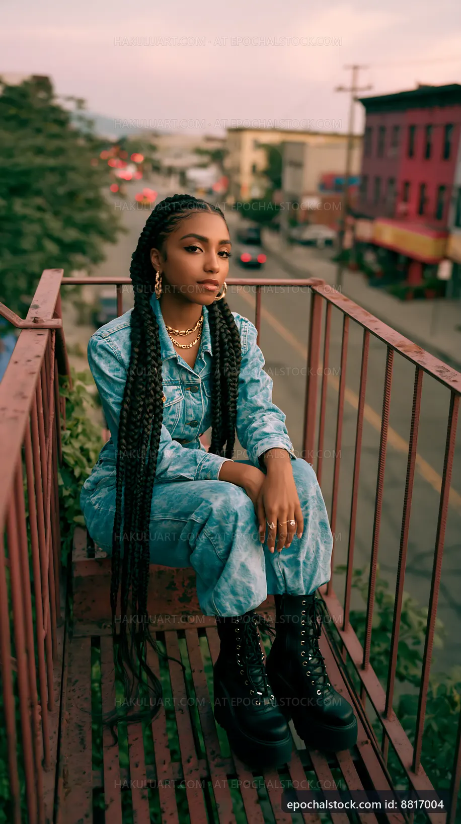 Young woman sitting on a balcony railing overlooking the street