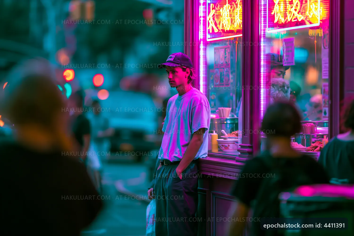 Man standing near food stall with neon lights at night