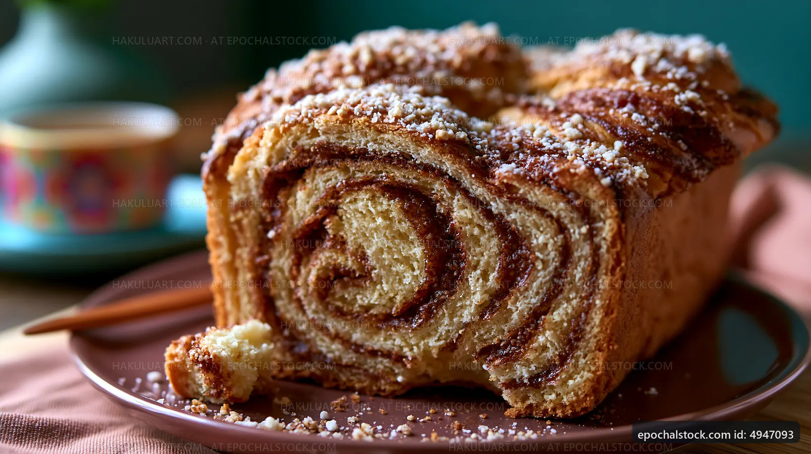 Cinnamon swirl loaf with a slice on a plate