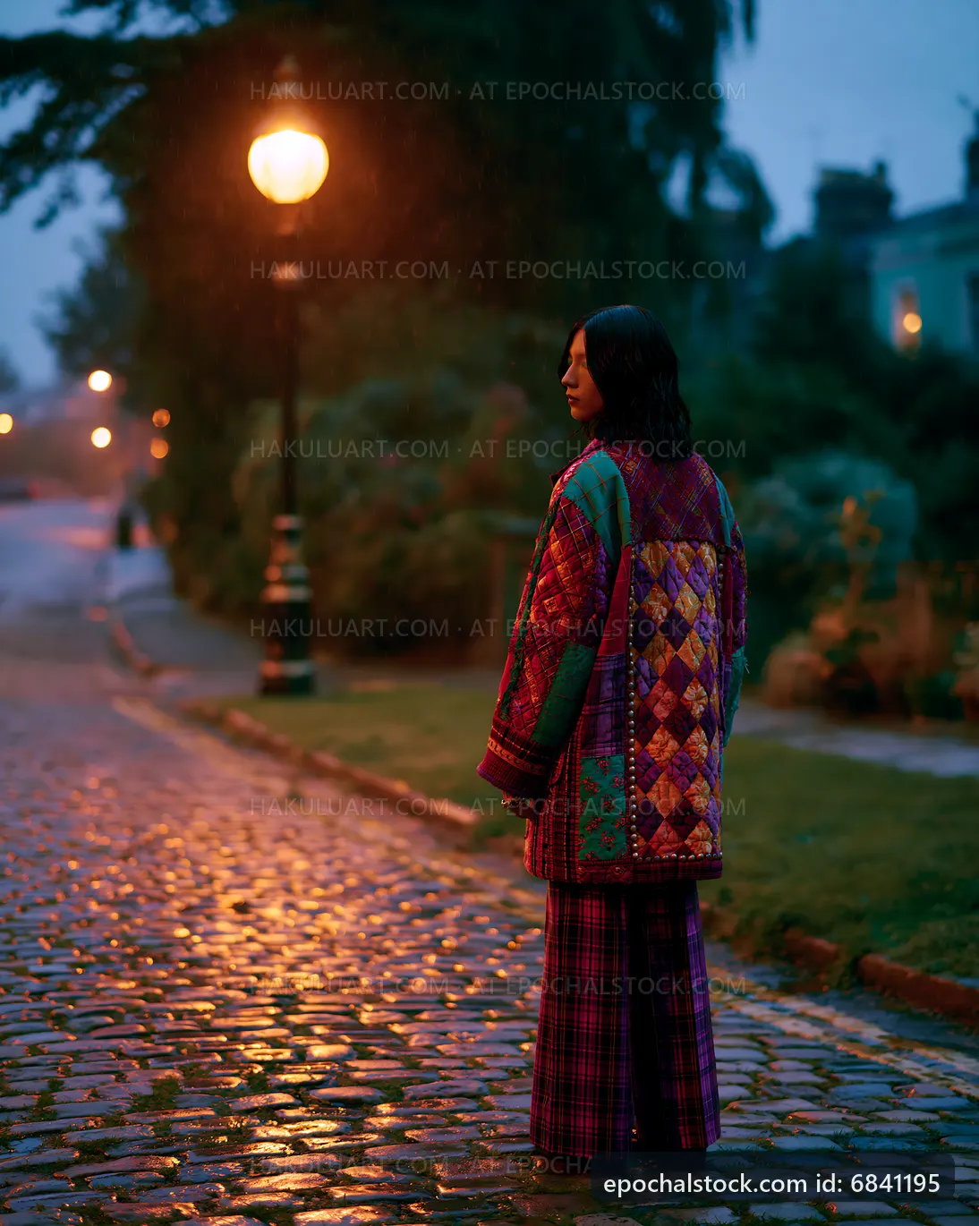 Woman wearing colorful jacket on street at night