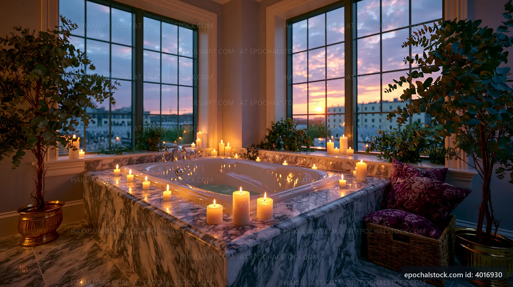 Elegant bathroom with candles and sunset view