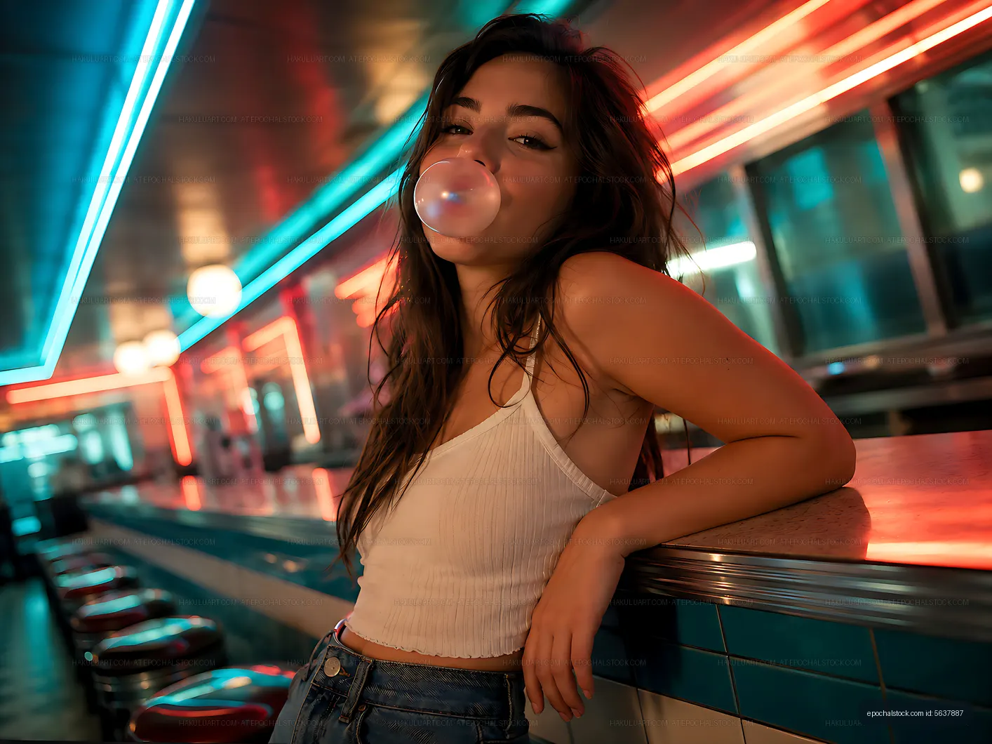 Young woman blowing bubble gum in diner with neon lights