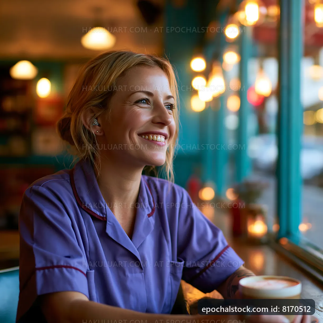 Woman enjoying coffee at a cafe with warm lights and a smile