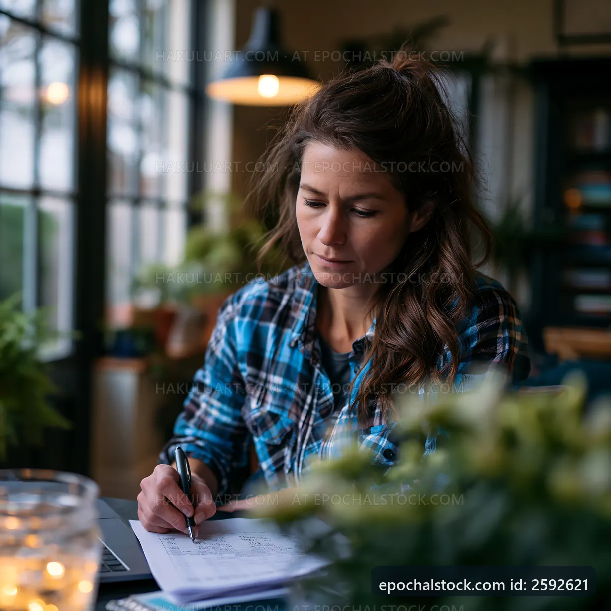 Woman writing notes at table in cozy room with large windows