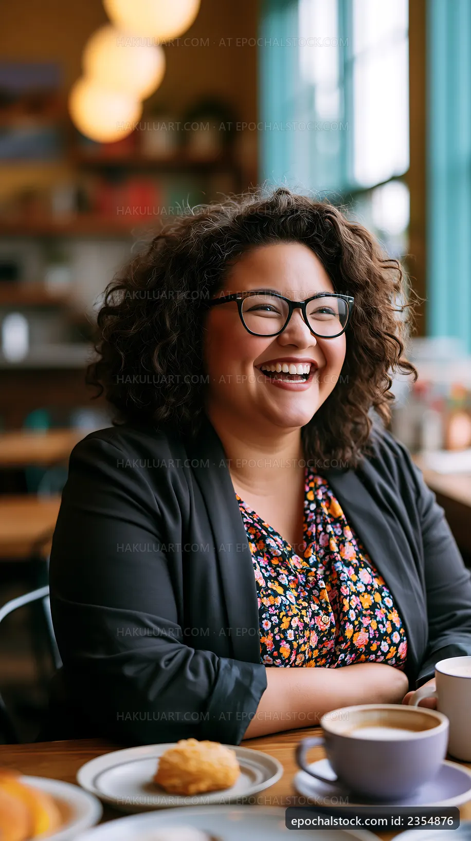 Woman smiling at a cafe with a cup of coffee