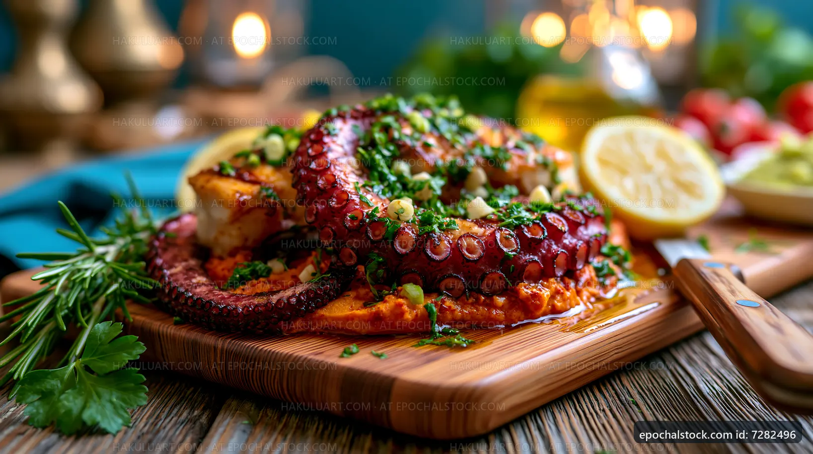 Grilled octopus dish on wooden board with herbs and lemon