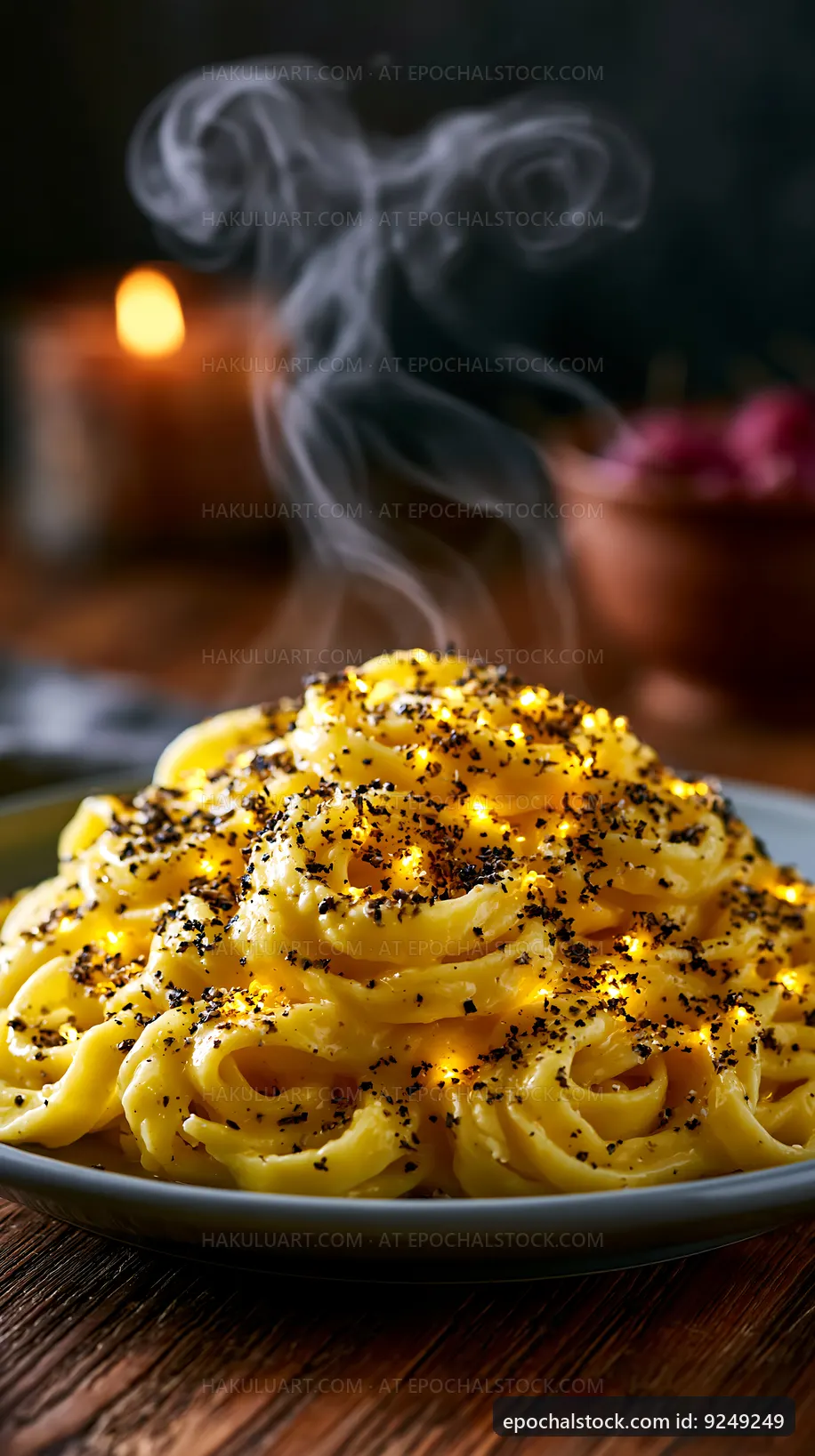 Fresh pasta dish with steam rising in a cozy setting