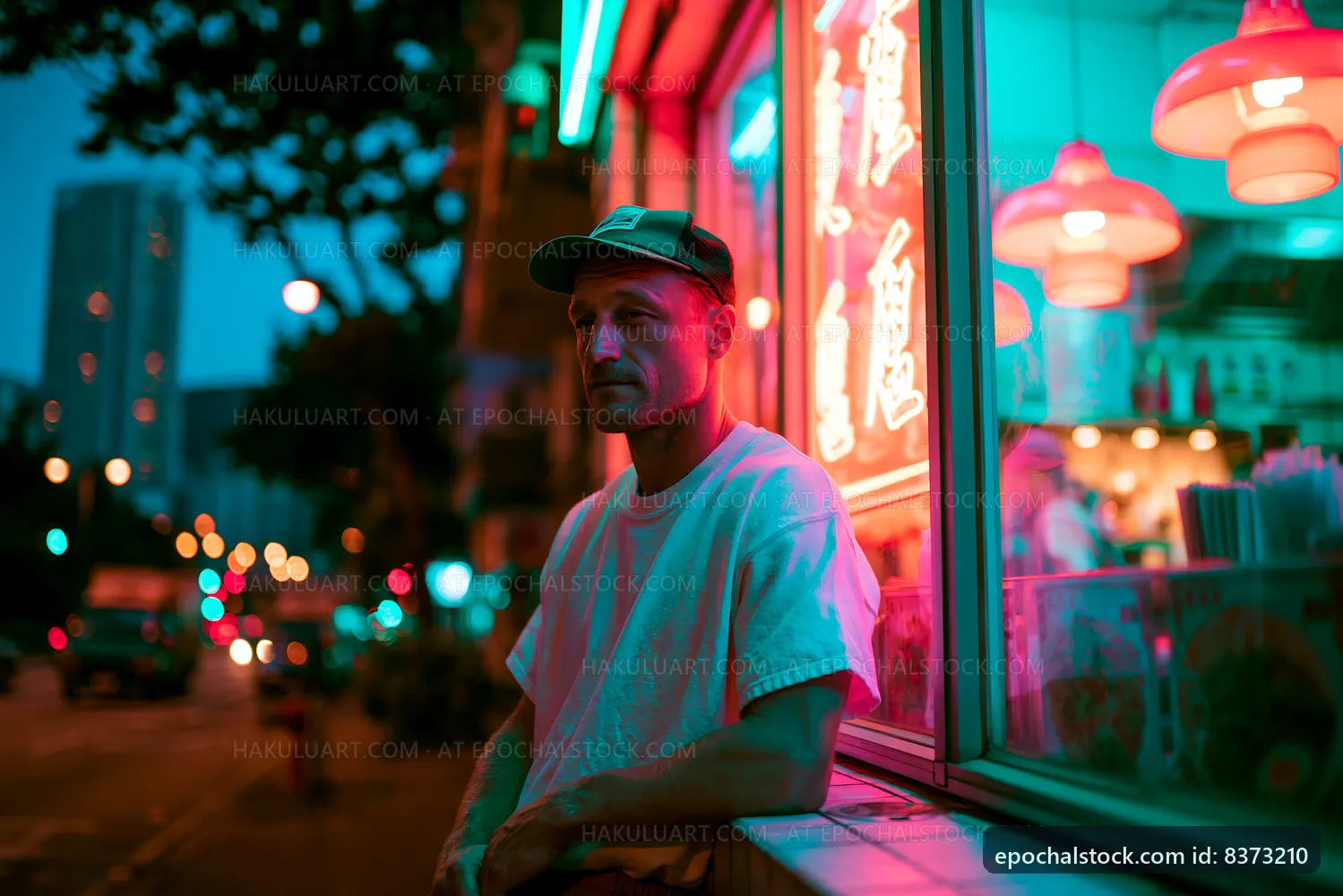 Man sitting outside a food stall at night in a city