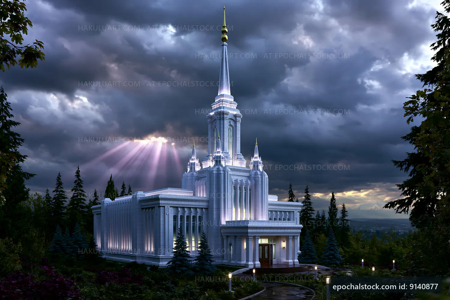 White temple under cloudy sky with beams of light