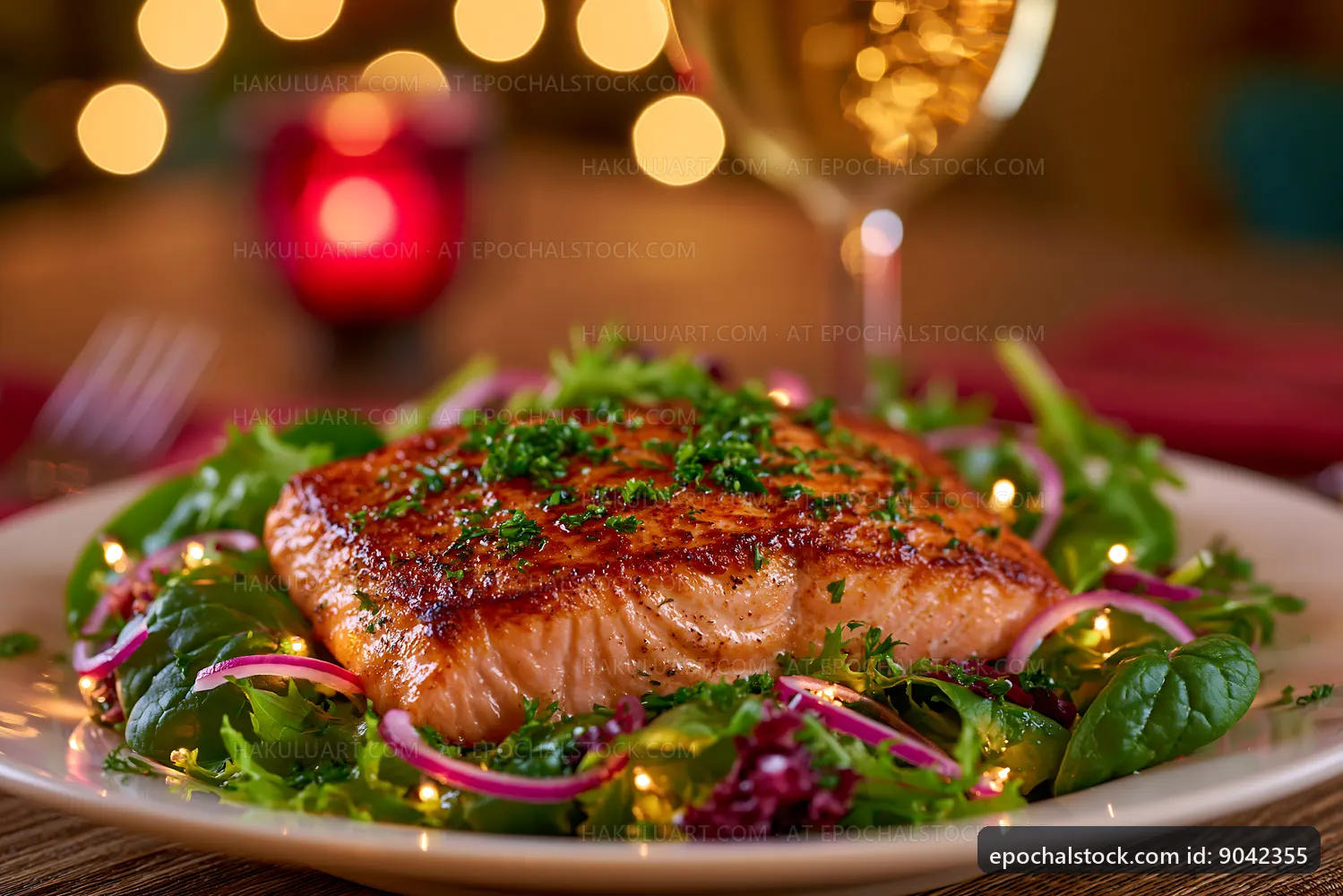 Grilled salmon on salad with a festive background