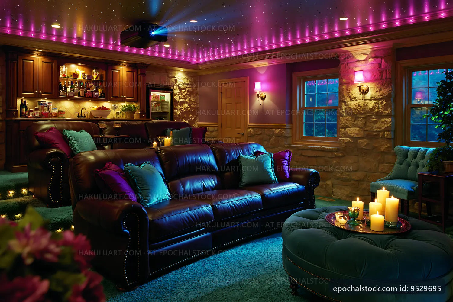 Cozy home theater with colorful lights and comfortable seating