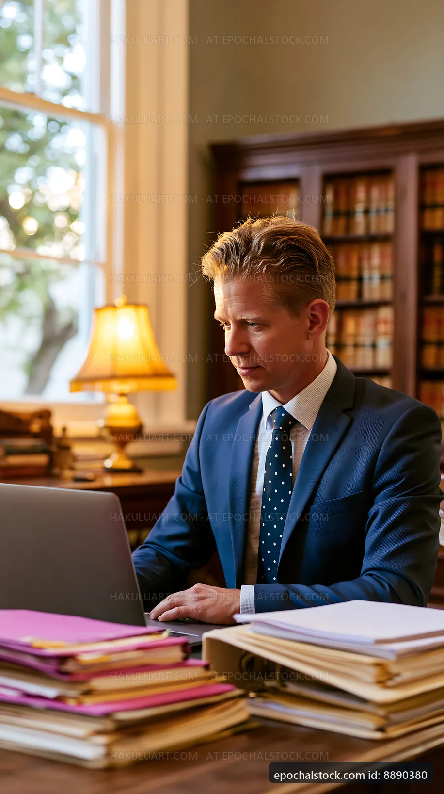 Business professional working in law library with laptop