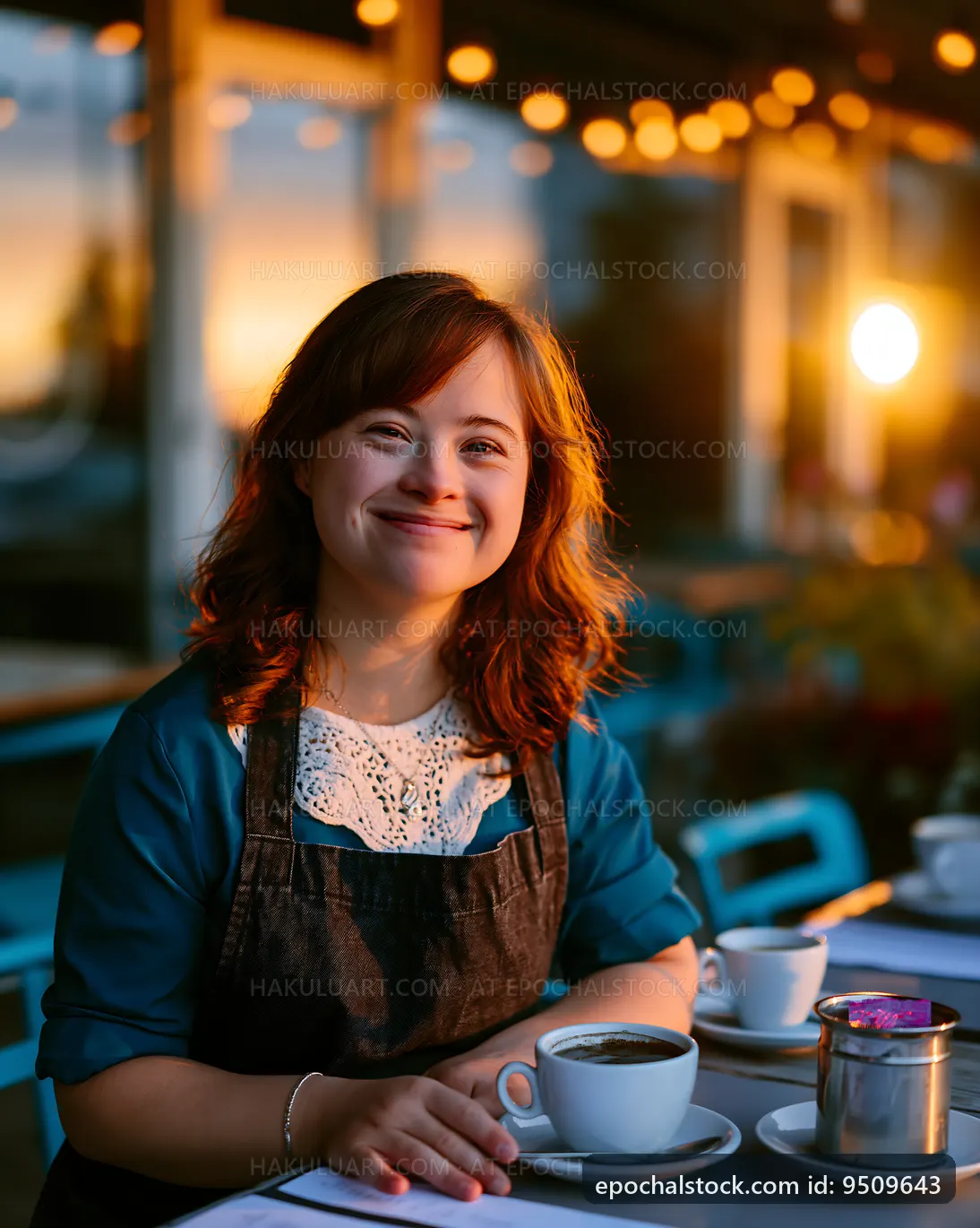 Smiling barista with coffee at sunset outside a cafe