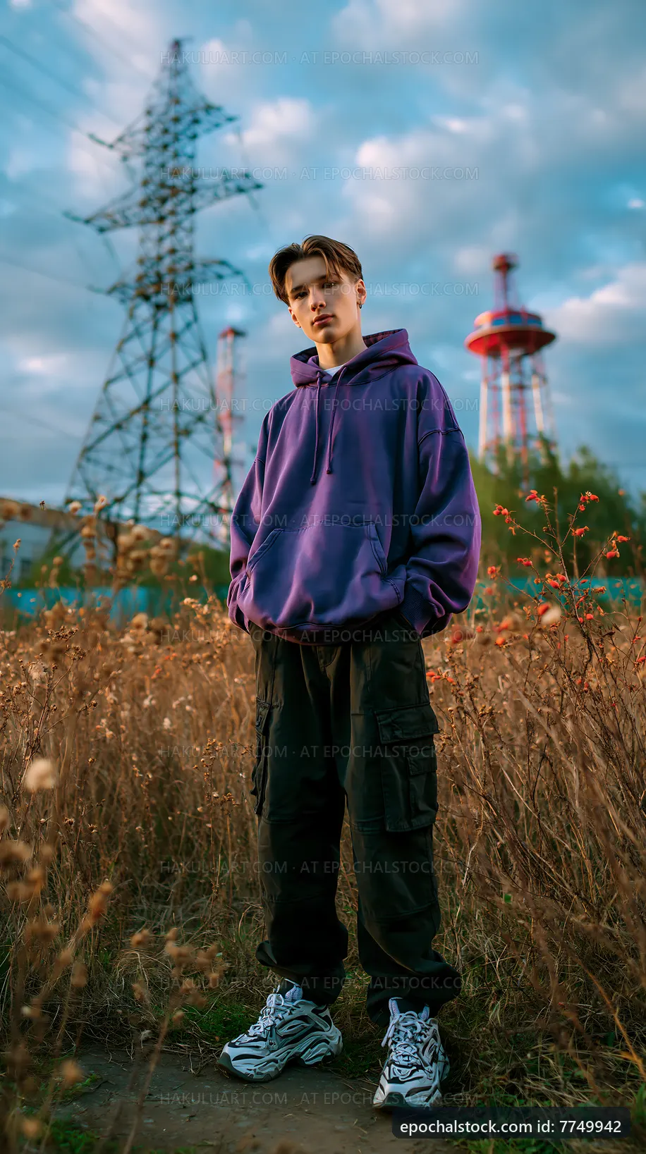 Young man in purple hoodie stands in a field with power lines