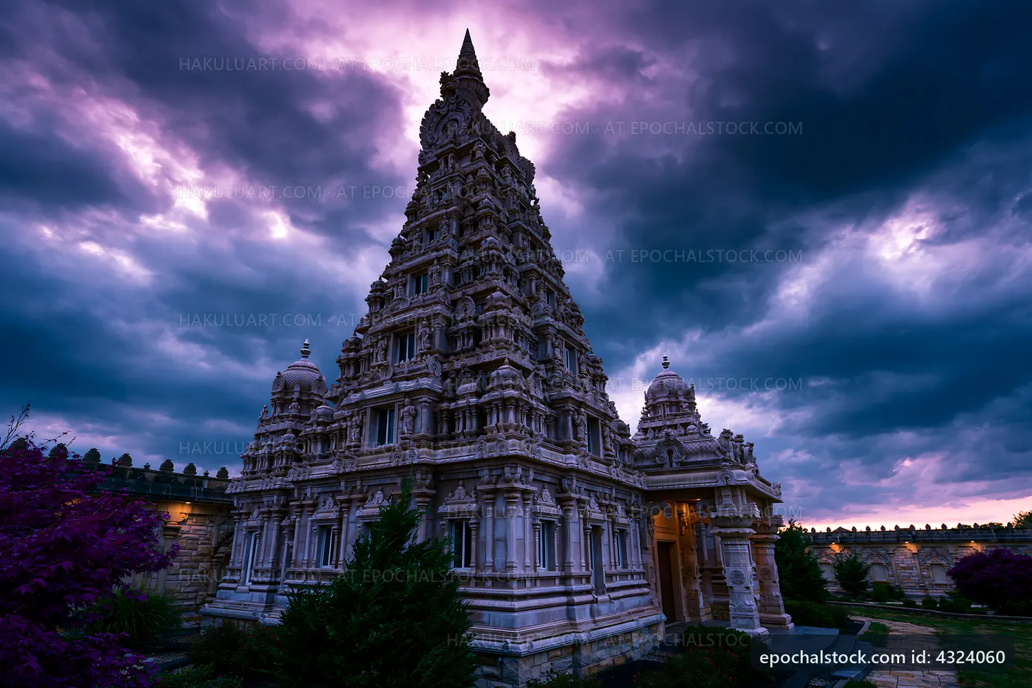 Temple with intricate carvings under a dramatic sky