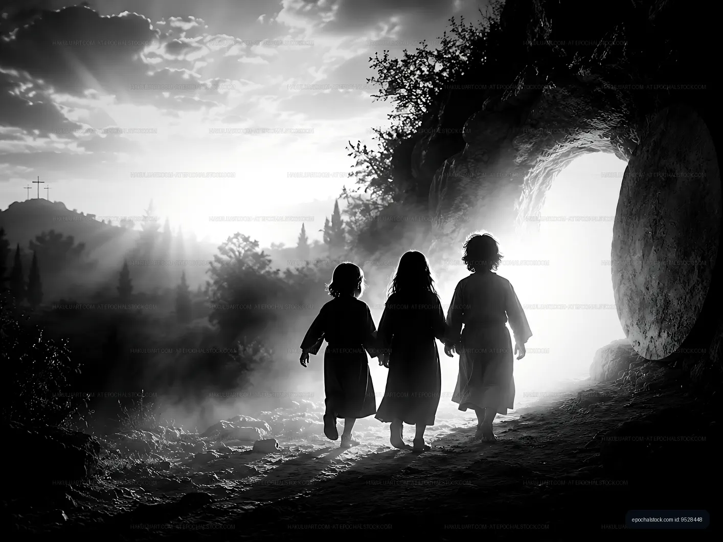 Children walking towards the light near a cave entrance