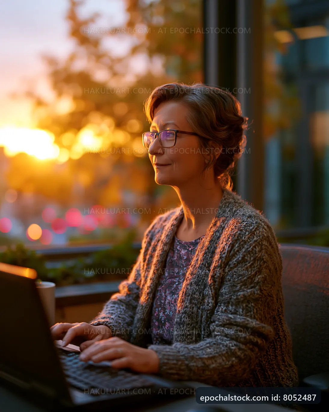 Senior woman working on laptop by the window at sunset