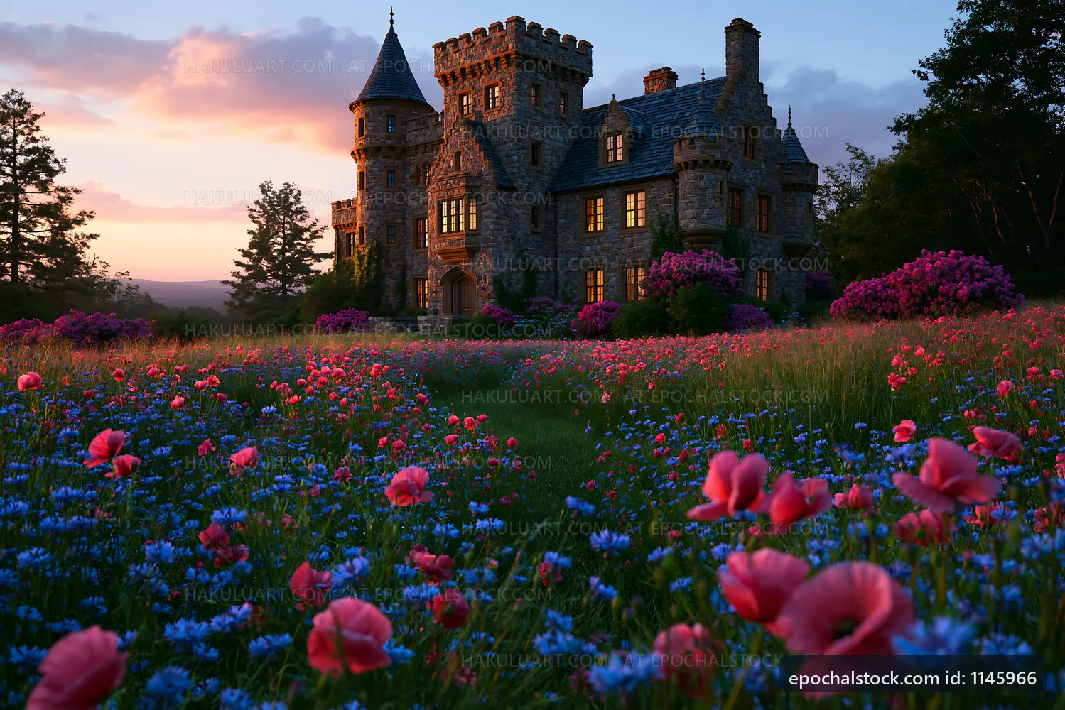 Sunset view of a castle surrounded by blooming flowers
