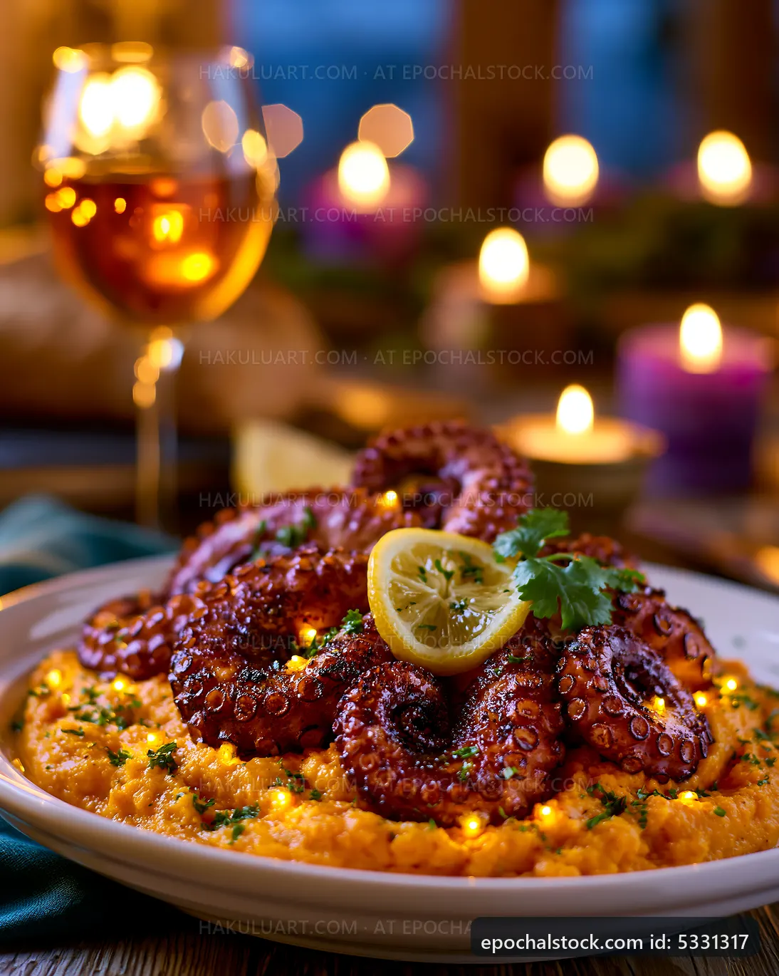 Octopus dish with lemon served on a plate with wine and candles