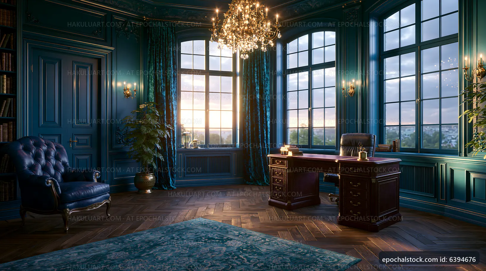 Elegant office space with sunset view through large windows