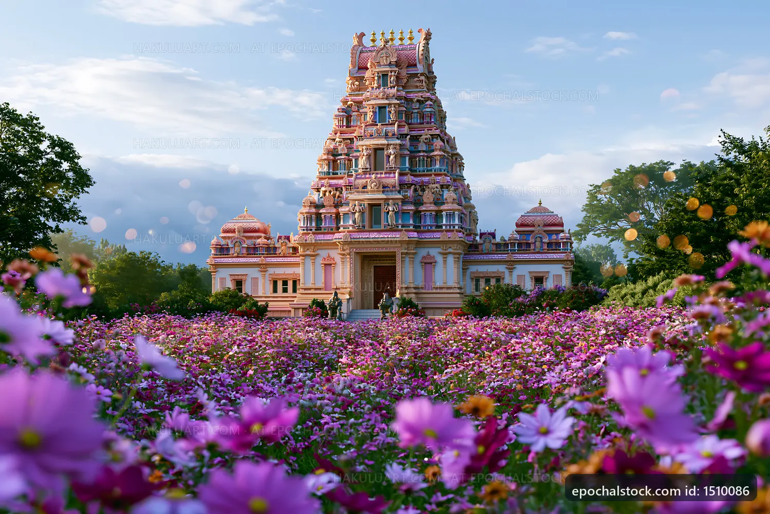 Colorful temple surrounded by blooming flowers in a garden